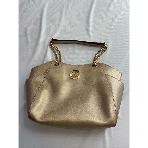 Michael Kors Jet Set Travel Large Gold Leather Tote Chain Link Handles - Picture 1 of 10
